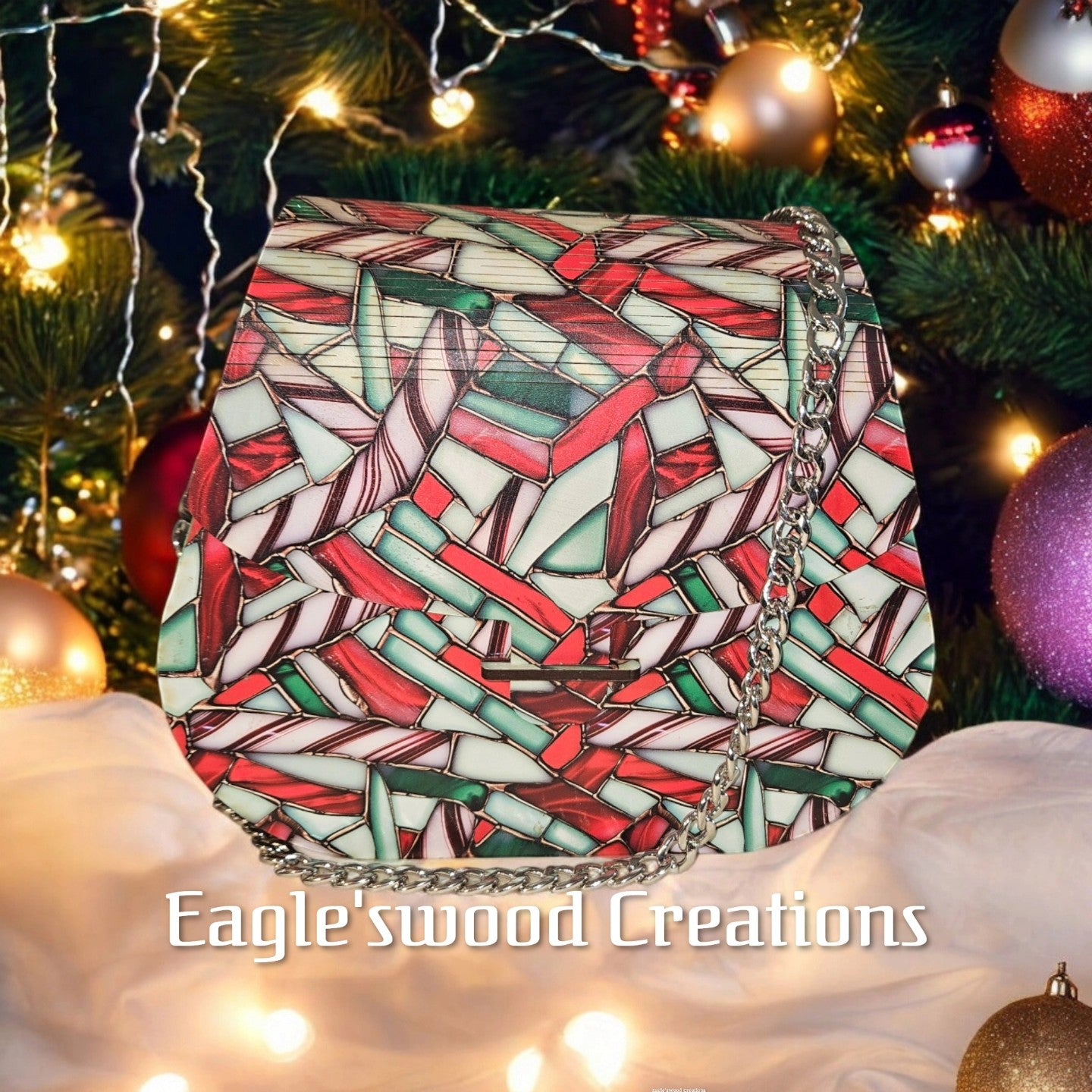 Christmas Candy Stained Glass look Wooden Crossbody Purse