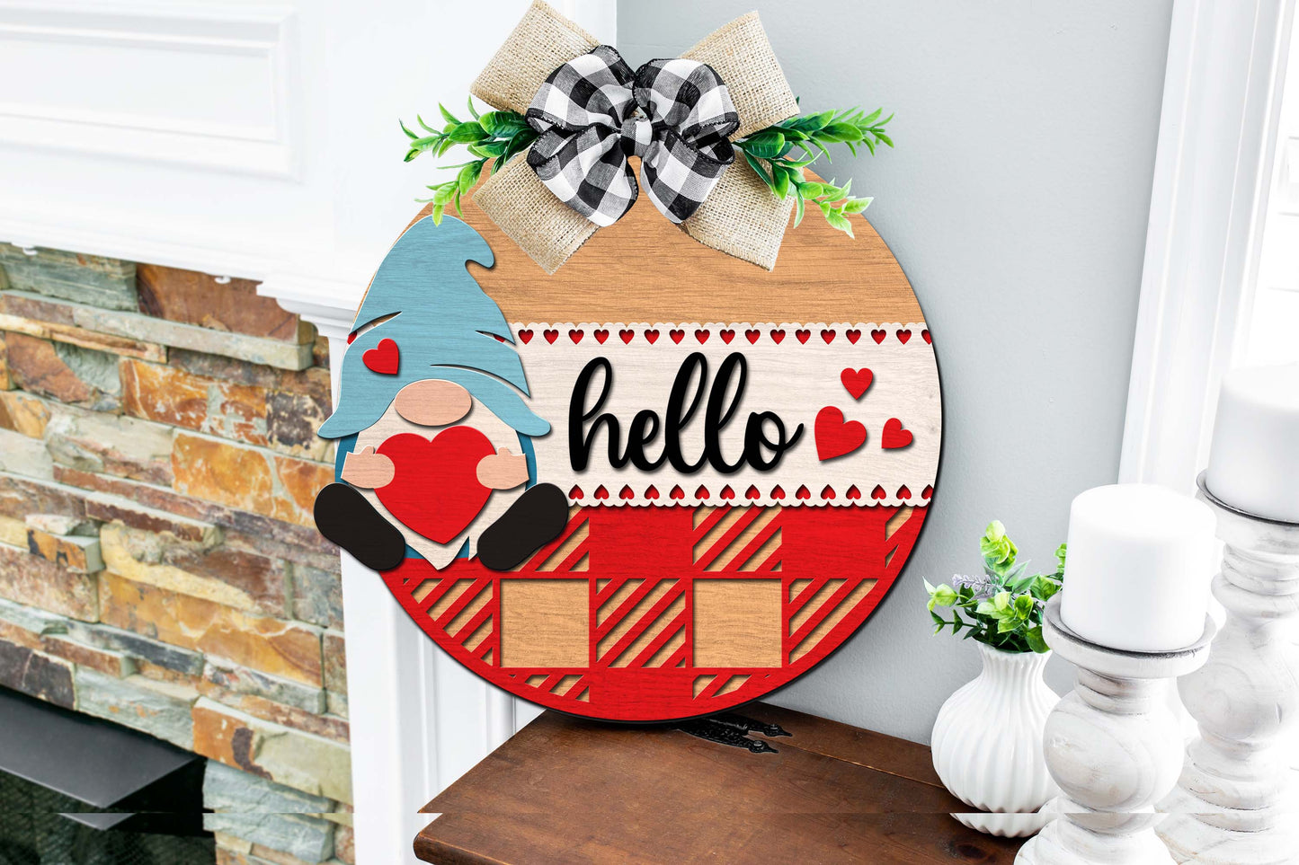 Gnome Buffalo Plaid Round Sign