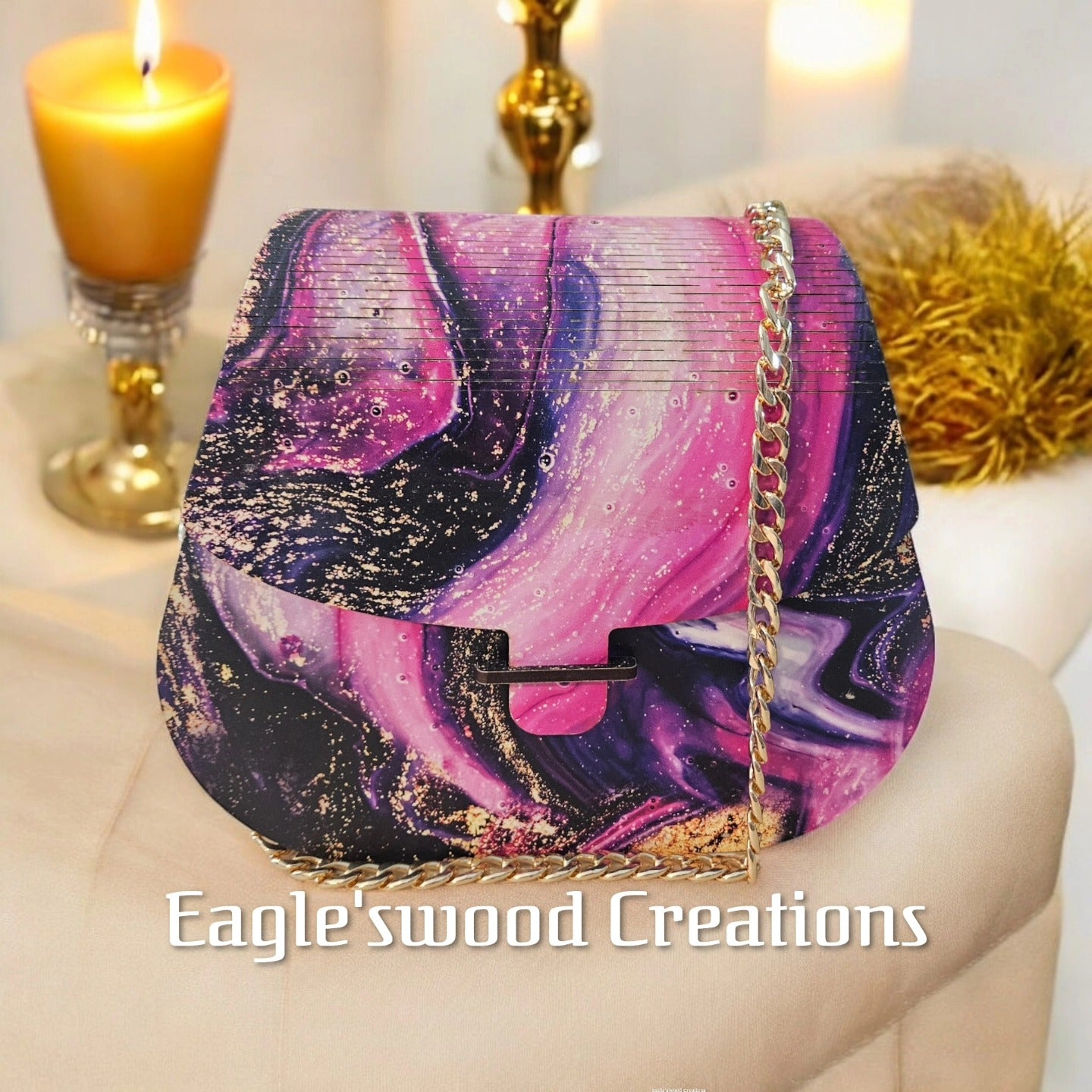 Art Deco in Pink/Gold/Purple Wooden Crossbody Purse