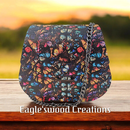 Multi Colored Butterflies Wooden Crossbody Purse