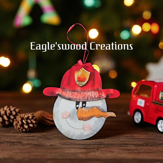 Wooden Snowman Fireman Ornament