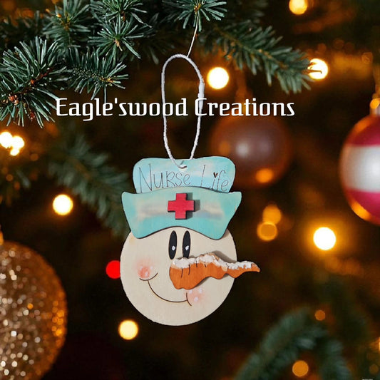 Wooden Snowman Nurse Ornament