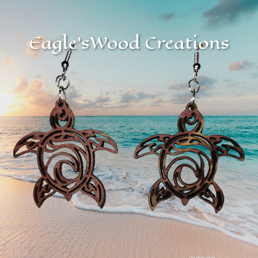 Wooden Mandala Sea Turtle  Earrings