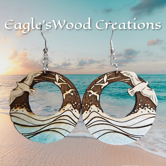 Seagulls and Sunrises Wooden Earrings