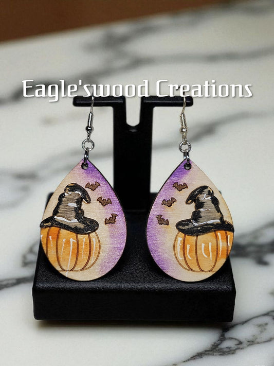 Wooden Pumpkin with Witch Hat Earrings
